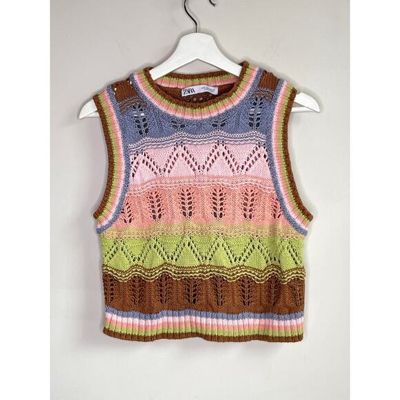 Zara Striped Round Neck Crochet Knit Cropped Sweater Vest Multi Women's Size S - Picture 3 of 9